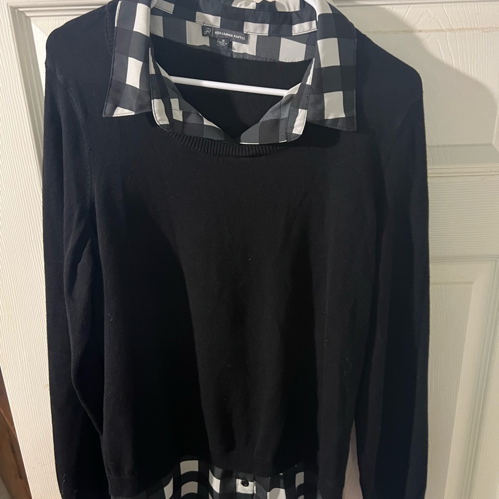 NWOT Adriana Peppel Women's Black Sweater with Checkered Collar